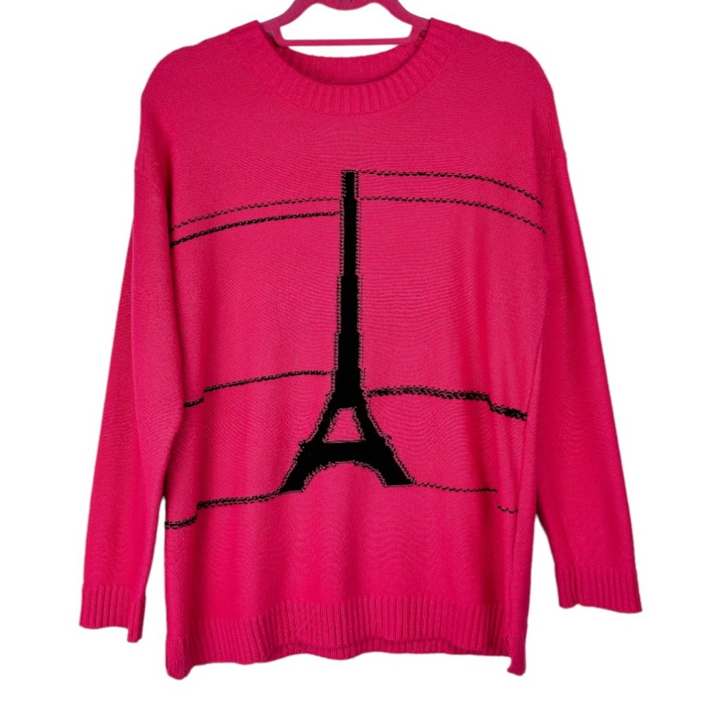 Karl Lagerfeld Bright Pink Paris Eiffel Tower Graphic Sweater Sz Small